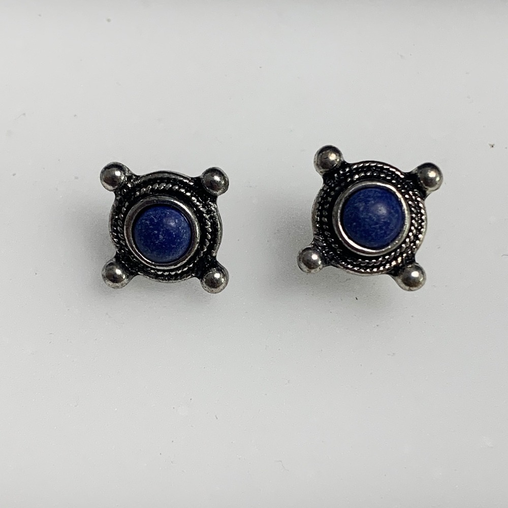 Vintage Silver Tone Blue Lapis Lazuli Stud Earrings Southwestern Boho Round 3802